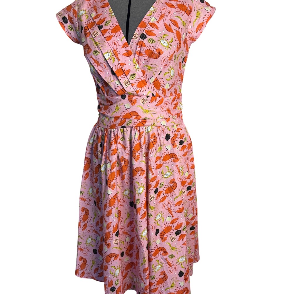 NWT RETROLICIOUS Pink Rock Lobster Sea Life Print Fit & Flare Dress Small Retro